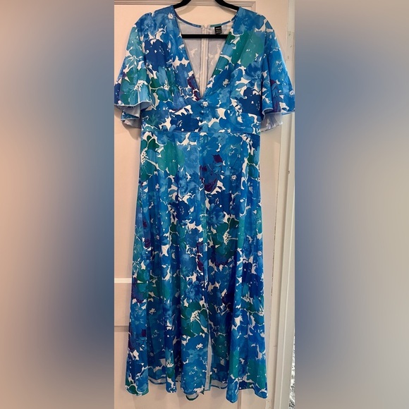 Shein Floral Blue Flutter Sleeve V-Neck Midi Dress Size XL - Picture 2 of 6